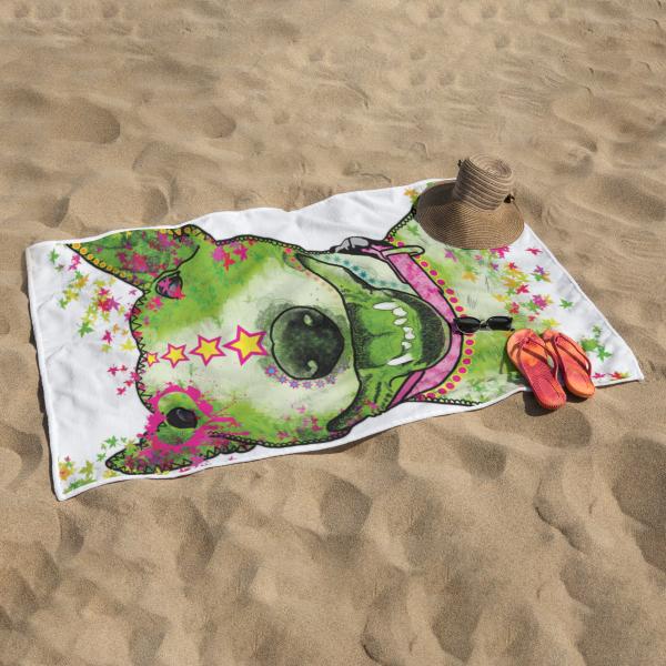 Badehandtuch Bärbel – Popart-Hundemotiv, 75x165 cm, 100 % Polyester, weich & schnelltrocknend